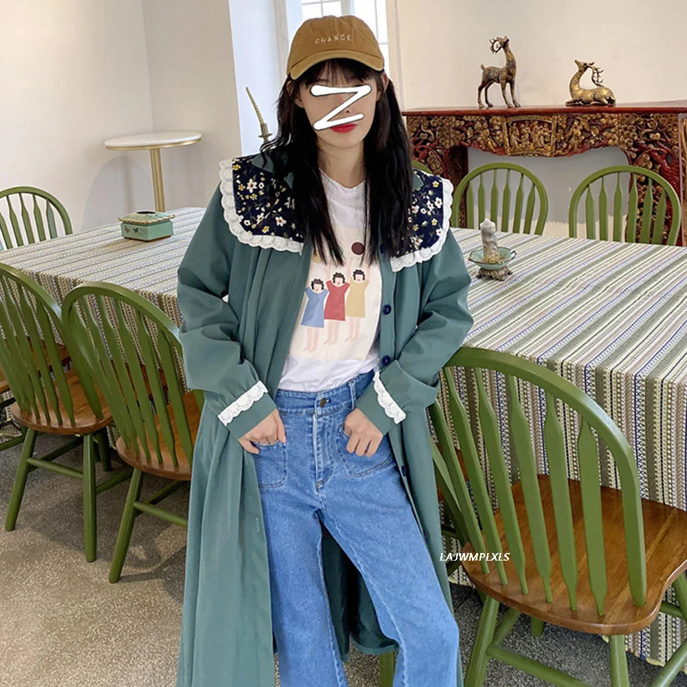 

2021 Women's Windbreaker Mid-Length Korean Wild Loose Corduroy Retro Floral Long Trench coat