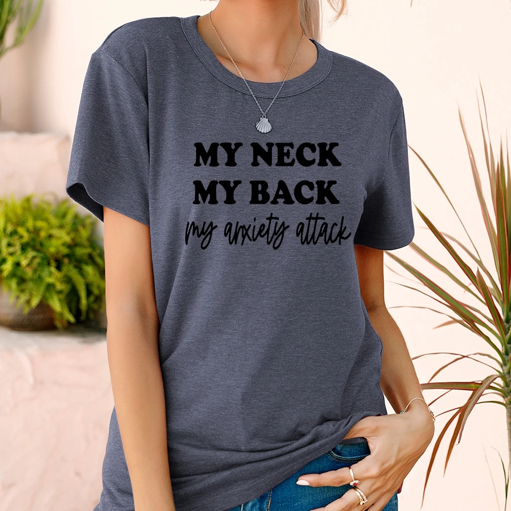 

Women Tees Clothes Casual Fashion Simple Style Short Sleeve Novel Lady Shirt My Neck Back Letter Print Colored Cotton Creative