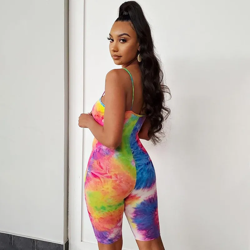

Tie Dyeing Printed Jumpsuit Playsuit 2020 Sexy Women Strap Rompers Shorts Summer Clubwear Sports Rompers Skinny Bodycon Jumpsuit
