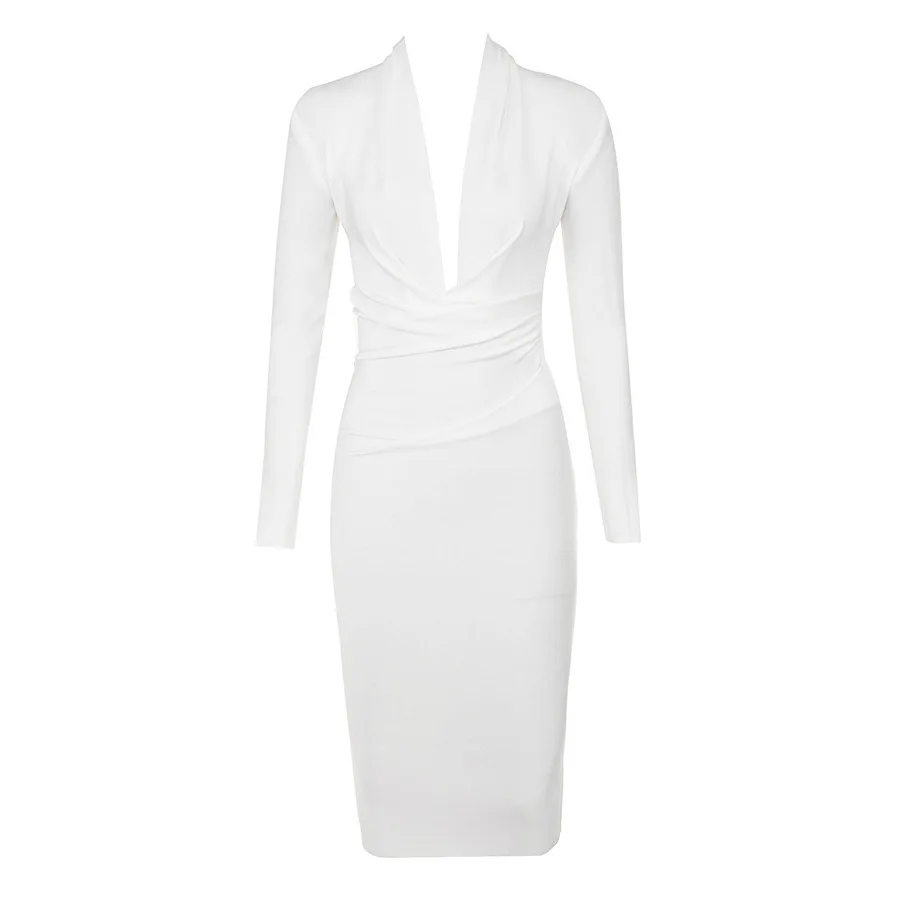 

Women's 2021 temperament long sleeve fashion nightclub sexy dress evening tight bandage V-neck dress