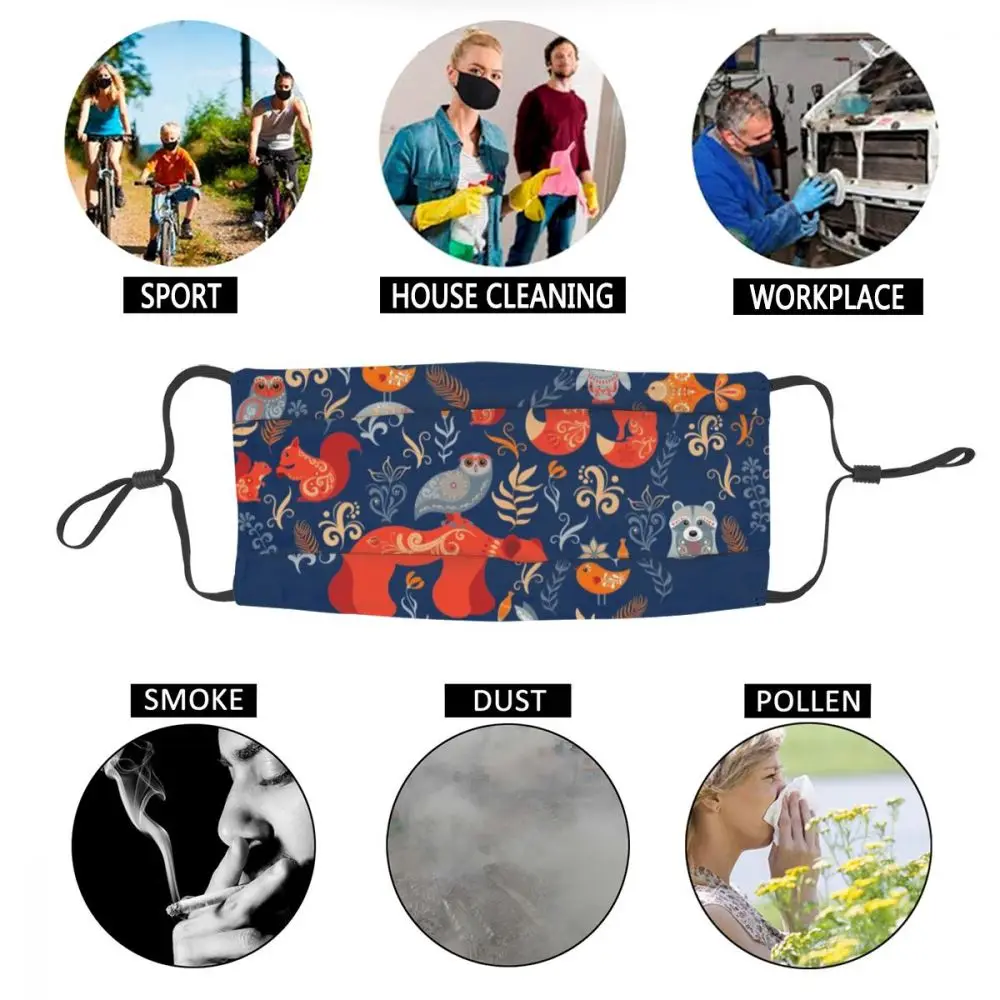 Сказочный лес. Лиса медведь енот совы кролики цветы и травы на голубом фоне.