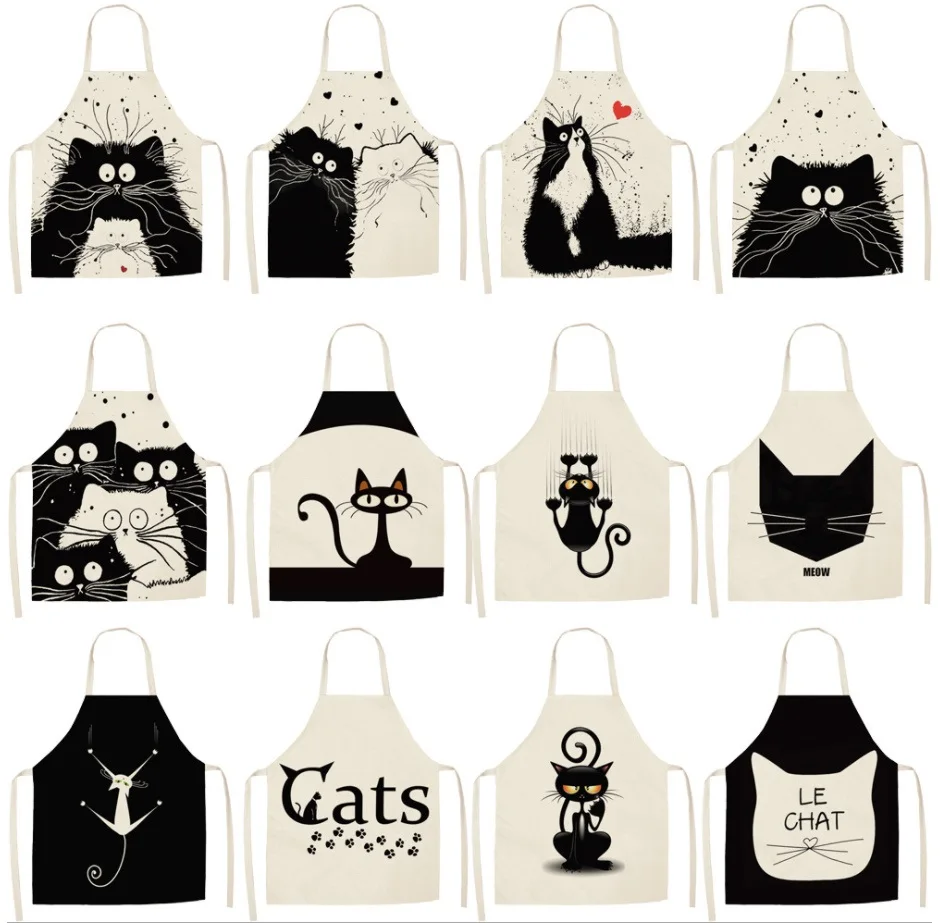 

Black Cute Cat Printed Kitchen Cooking Baking Aprons 53*65cm Sleeveless Cotton Linen For Women Man Home Delantal Cocina