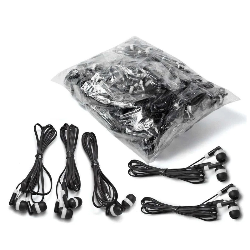 

Wholesale Lot of 100pcs Black in-Ear Earbud Disposable 3.5 MM Stereo Earphones for Classroom Schools Libraries Kids