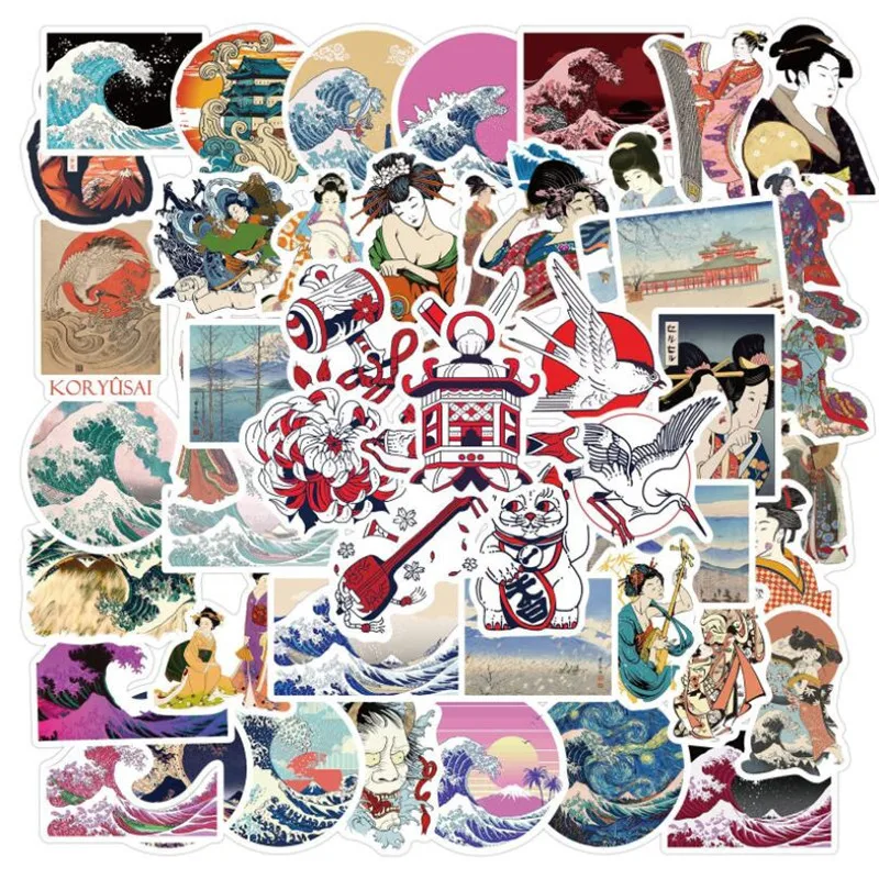 Ukiyo-e Wave-pegatinas de dibujos animados para ordenador port&aacute;til, grafiti, equipaje, impermeable, sin adhesivo, 10/30 / 50 Uds., Jap&oacute;n, venta al por mayor-0