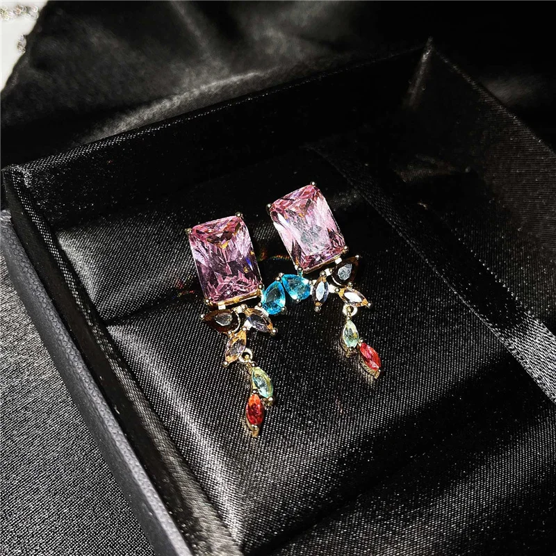 

Geometric Irregular Zircon Earring For Women Jewelry Sparlking Crystal Square Color Stitching Earring Silver Plated Lady Present