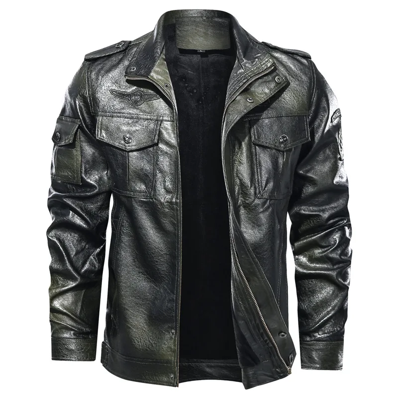 

2021 New Fashion Mens Leather Jacket Military Chest Big Pockets Brown Leather Jacket Men Zipper Motocycle Jackets Winter Coat