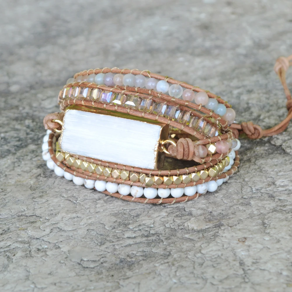 

Natural stone beaded leather bracelet for women, white selenite beads leather bracelet, handmade, 5 strands