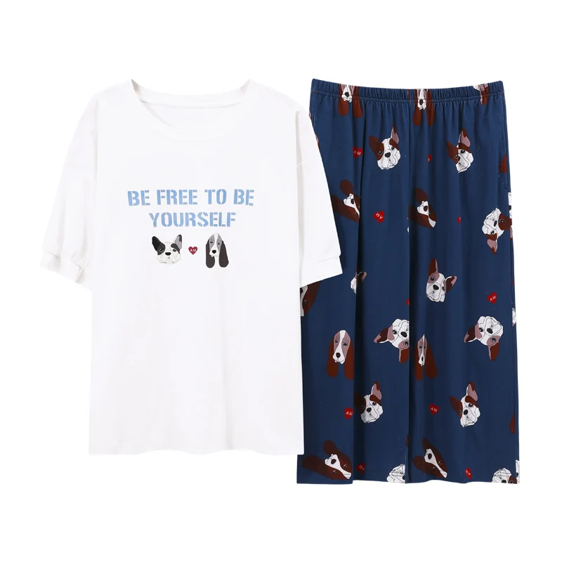 

White Cotton Pajamas Sets For Women 2021 New Summer Short Sleeve Top + Shorts Female Cartoon Sleepwear Fashion Korean Plus Size