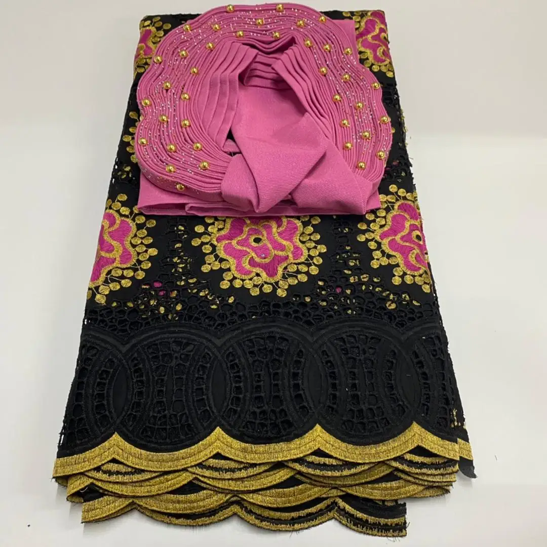 

Quality Black Magenta Swiss Cotton Dry Lace Rhinestone 5 Yards And Beaded Headtie African Dry Fabric For Bridal Dress Sewing