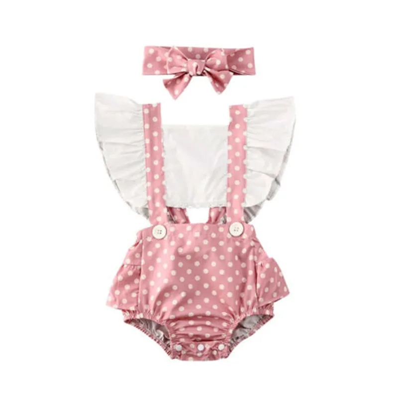 

Free shipping Toddler Baby Girls clothes Dots Ruffle Backless square collar Bodysuit bow Headband 2pc cotton lovely Outfits