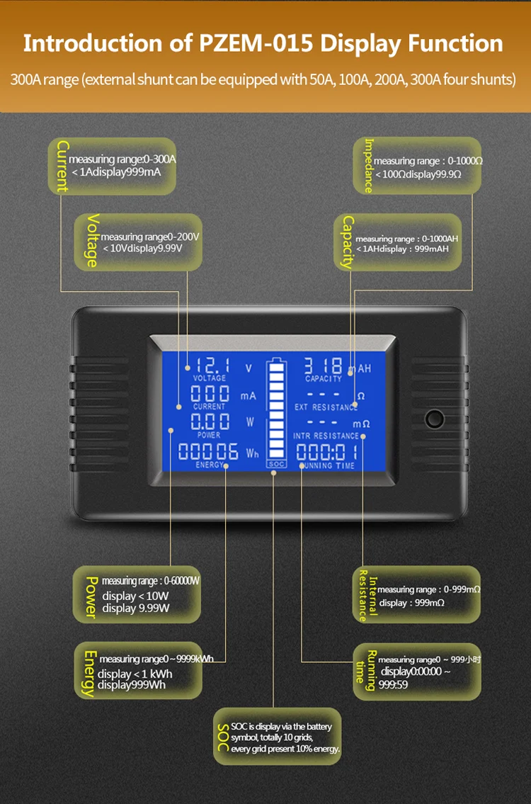 0-200v 0-300A автомобиля Батарея индикатор разрядки Ёмкость тестер Мощность энергии сопротивление, вольтметр 300A шунт