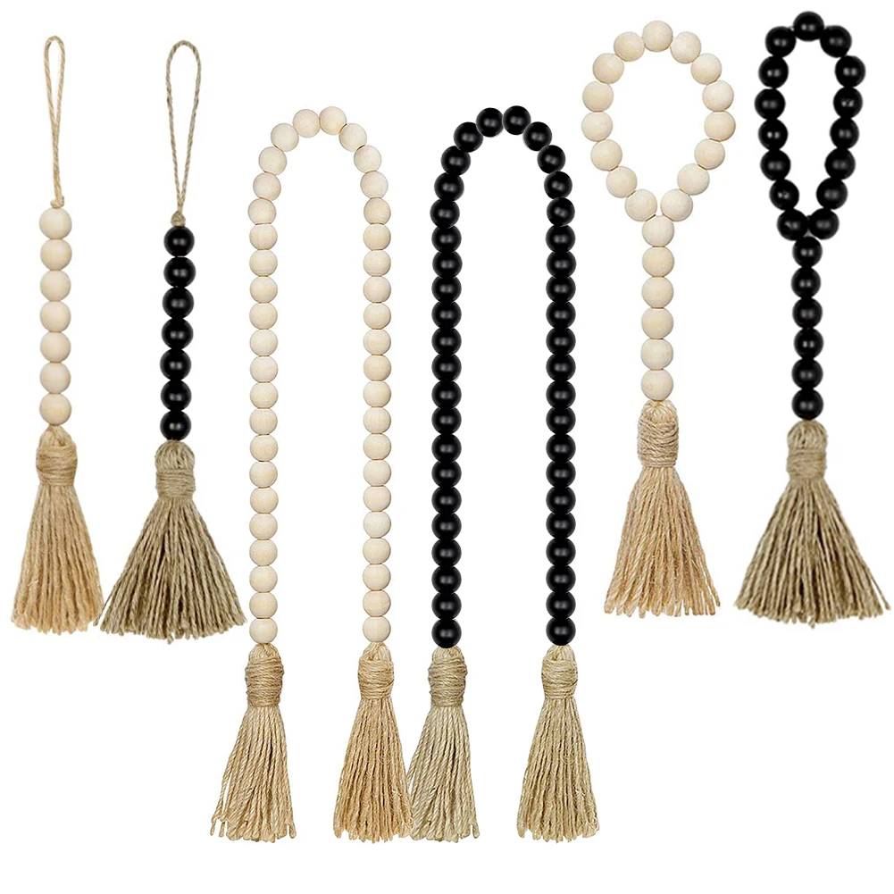 

3pc/set Wood Tassel Bead Garland With Jute Rustic Wall Rattan Handmade Big Boho Gift Ornament Home Decoration Hanging Wood Bead