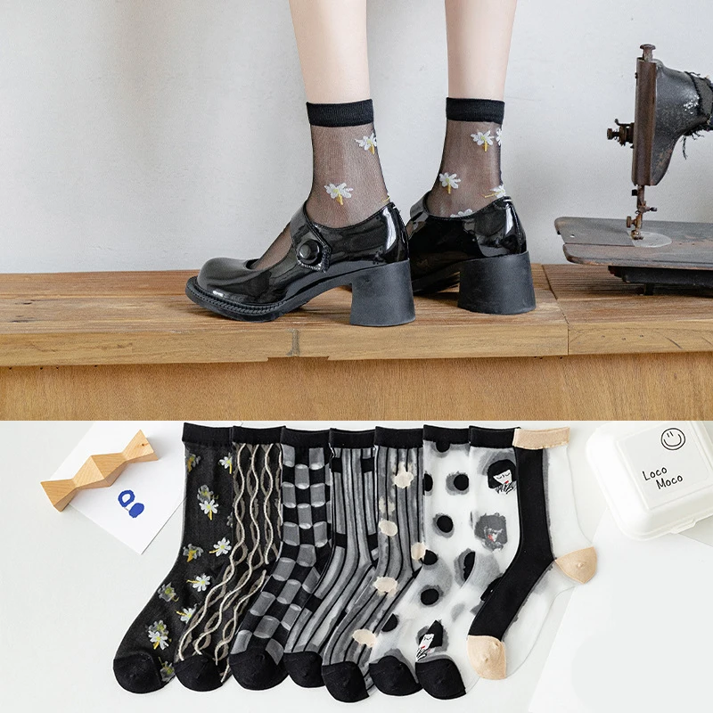 

Glass Yarn Mid-tube Socks Hosiery Fashion Crystal Silk Socks Summer Socks Ins Women Socks