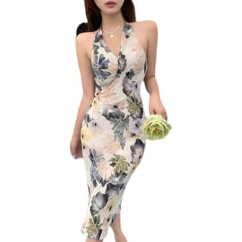 

Sleeveless Halter Neck Backless Summer Slim Print Dress For Women New Bodycon Female Sexy Skinny Clubwear Vestidos Dresses