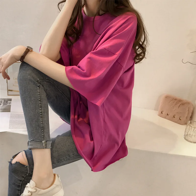 

Hot Women Plus Size New Summer Candy T-shirts Female Loose Ins Style Oversizes Tops Ladies Solid Leisure Tees O-neck Cotton