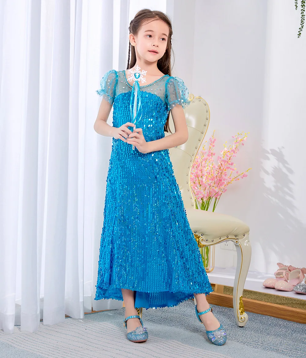 

New Frozen White Sequined Cloak Children's Full Dress Girls Halloween Birthday Performance Wear