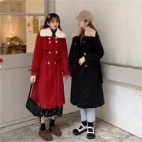 hot autumn and winter women woollen overcoat french retro thickened cashmere medium length red woolen coat lace up waist fashion