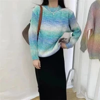 pullover sweater new design stretched gradient color salad sweater female loose lazy 2021 round neck long sleeved sweater tops