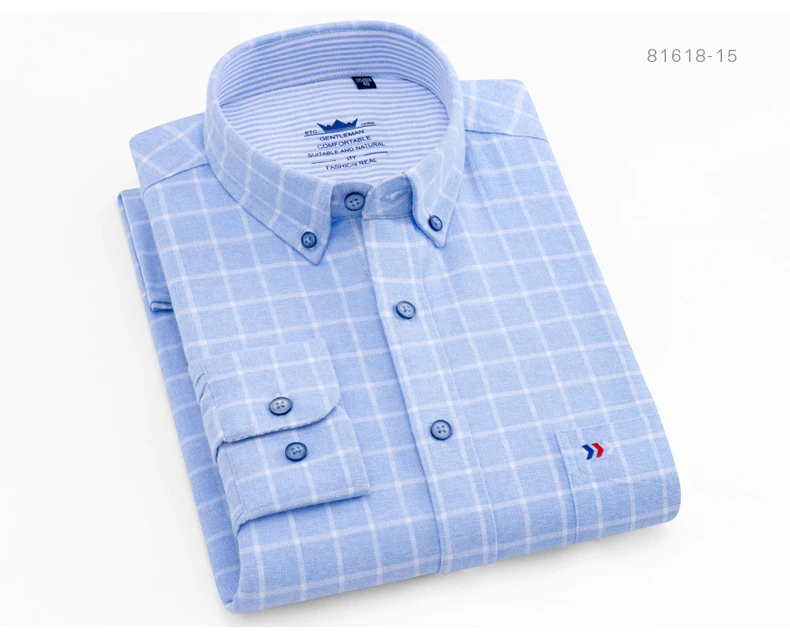 81618 15 blue plaid Мужские рубашки с длинным рукавом в клетку, повседневные мужские Рубашки, Топы, новинка, премиум комфорт, хлопок, обычная плотная рубашка на пуговицах - Цвет: 81618 15 blue plaid