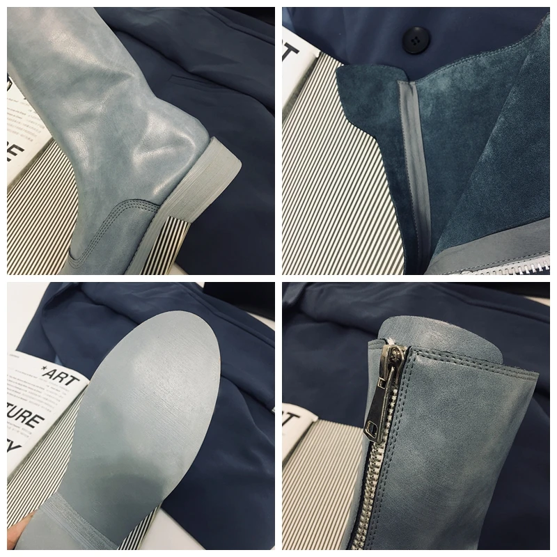 

SIMLOVEYO 2021 Retro Mid Calf Boots Genuine Leather Punk British Zip 3CM Flat Block Heel Size 35-40 Black Red White Grey A4484