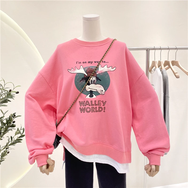 

Weiyi Women's 2021 Spring and Autumn New Cartoon Retro Printing Loose Plus Fake Two Piece Splicing Korean Casual Top