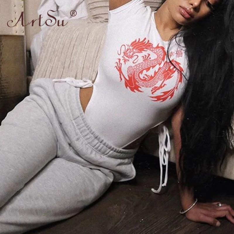 Женское боди с коротким рукавом ArtSu черное/белое на шнуровке принтом огненного