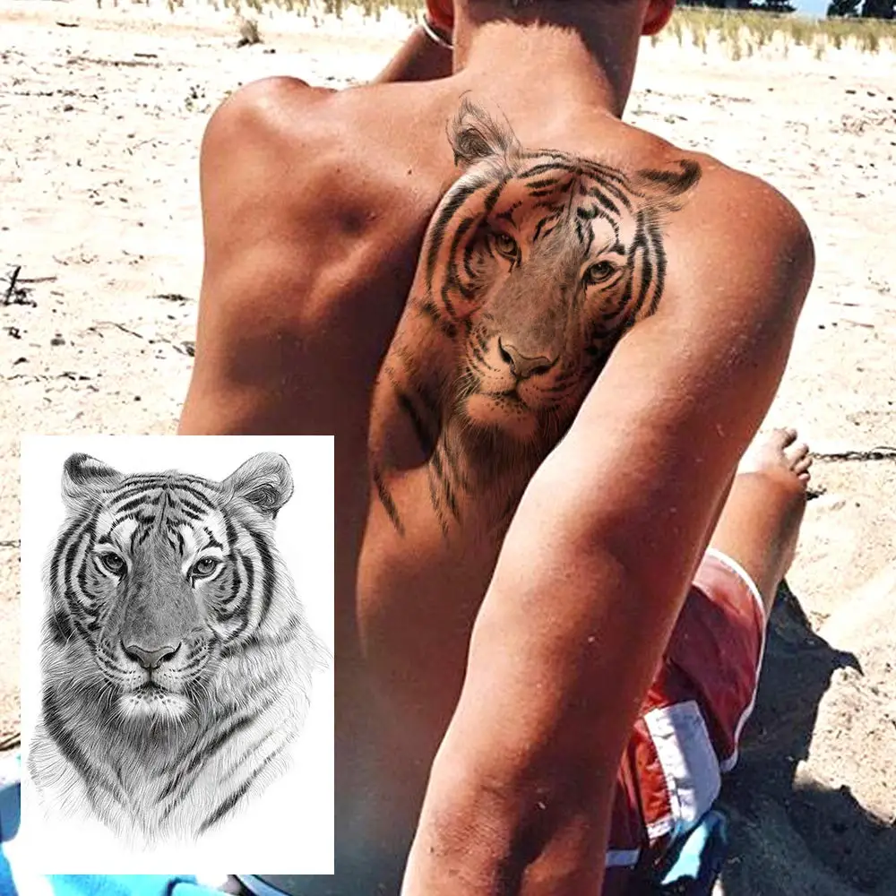 Tribal Lion King Temporary Tattoo Stickers For Men Cool Black Ink Tiger Drawing Waterproof Fake Tattoos Body Art Large Tattoo