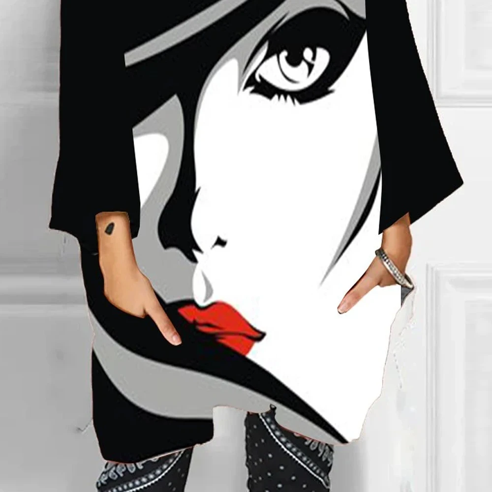 

Autumn Abstract Face Pile Collar Long Sleeve Hoodies Women Oversize Black White Abstract Cotton Blend Pullover Loose Sweatshirts