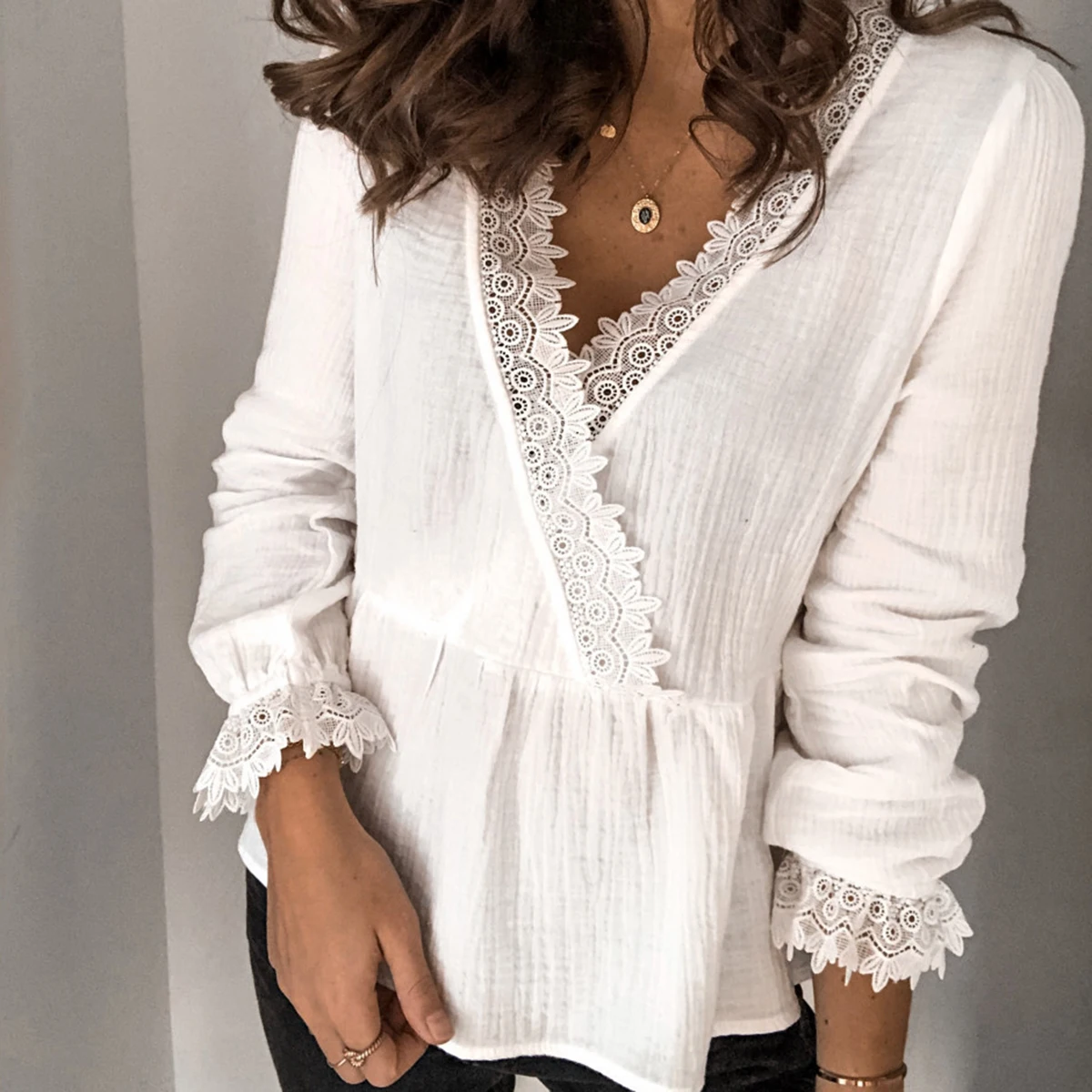 Hirigin Fashion Women T-shirts Lace Cross V Neck Long Sleeve Tops Female Casual Loose Streetwear Plus Size | Женская одежда