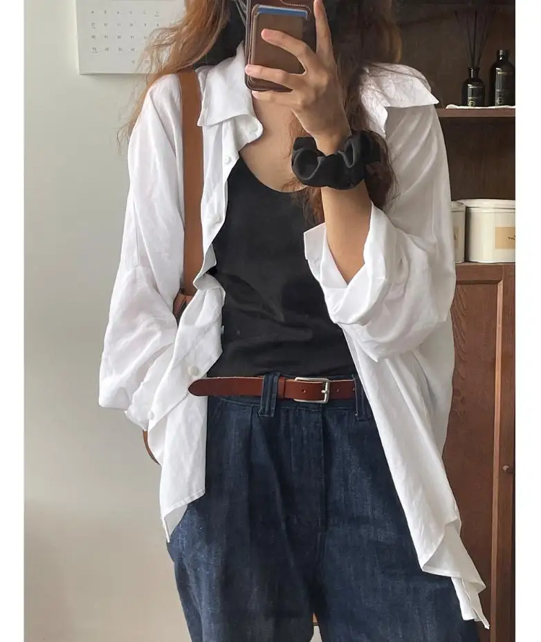 

Summer Women Boyfriend Style White Oversized Daily Simple Casual Harajuku Loose Solid Korean Fashion Shirts