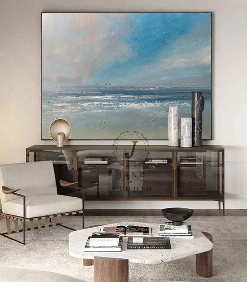 

Оригинальная абстрактная картина с изображением пейзажа голубого неба, большая картина с небом и морем, Пляжная фотография, большая Океани...