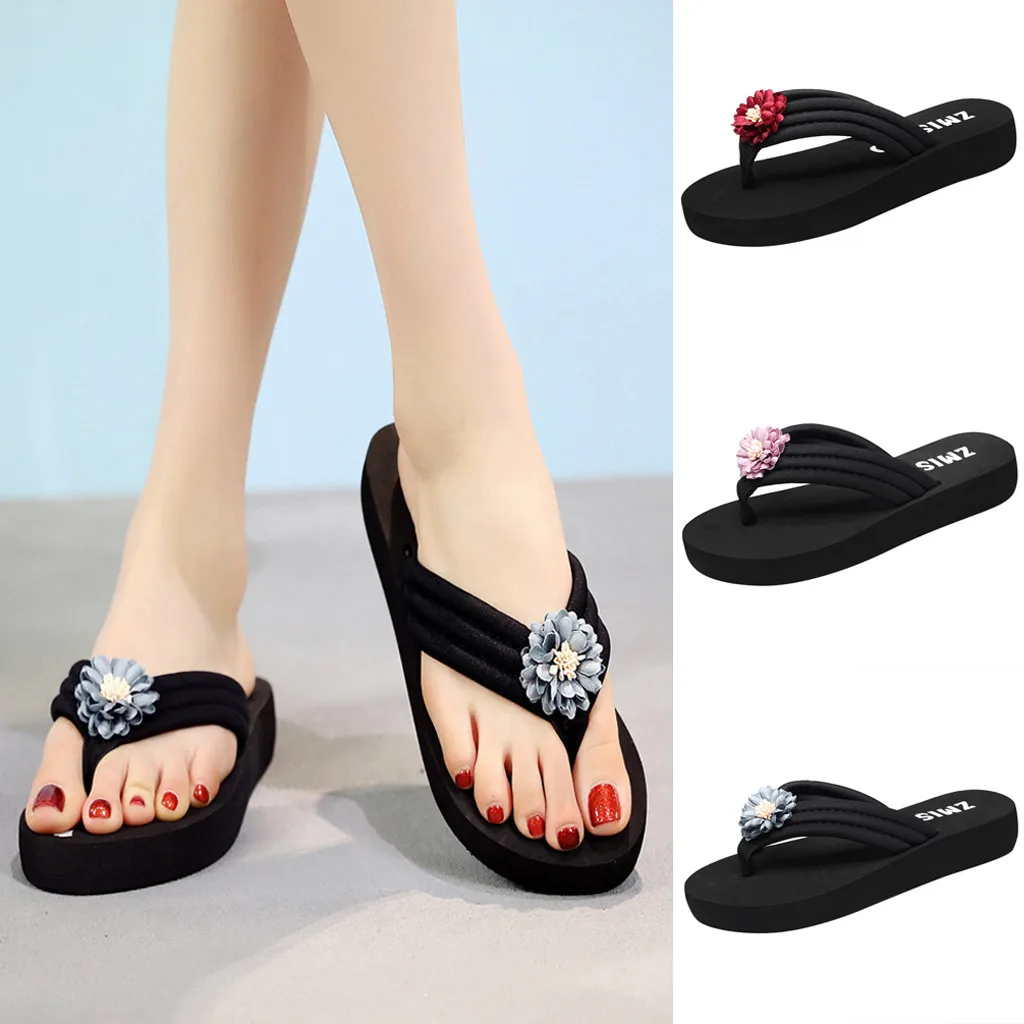 

Women Summer slippers Ladies Artificial Flower Flip Flops Non-Slip Wedges Slippers Beach Shoes Flip-Flops Flat pantuflas mujer