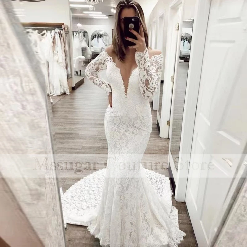 

2021 Amazing Lace Mermaid Wedding Dresses Appliques Sweetheart Long Sleeves Bridal Dress Vestido De Noiva