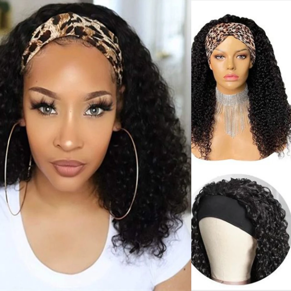 Headband Wig Curly Human Hair Wig None Lace Front Wigs for Black Women Deep Wave Machine Made Wigs Natural Color 150% Density