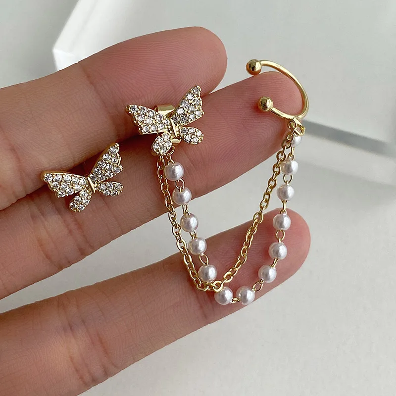 

Minimalist Asymmetrical Crystal Butterfly Ear Bone Clip Gold Long Chain Pearl Earrings for Women Wedding Party Jewelry