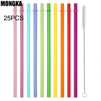 25 pieces reusable plastic straws for mason jars tumblers rainbow colored unbreakable drinking straws with cleaning brushes