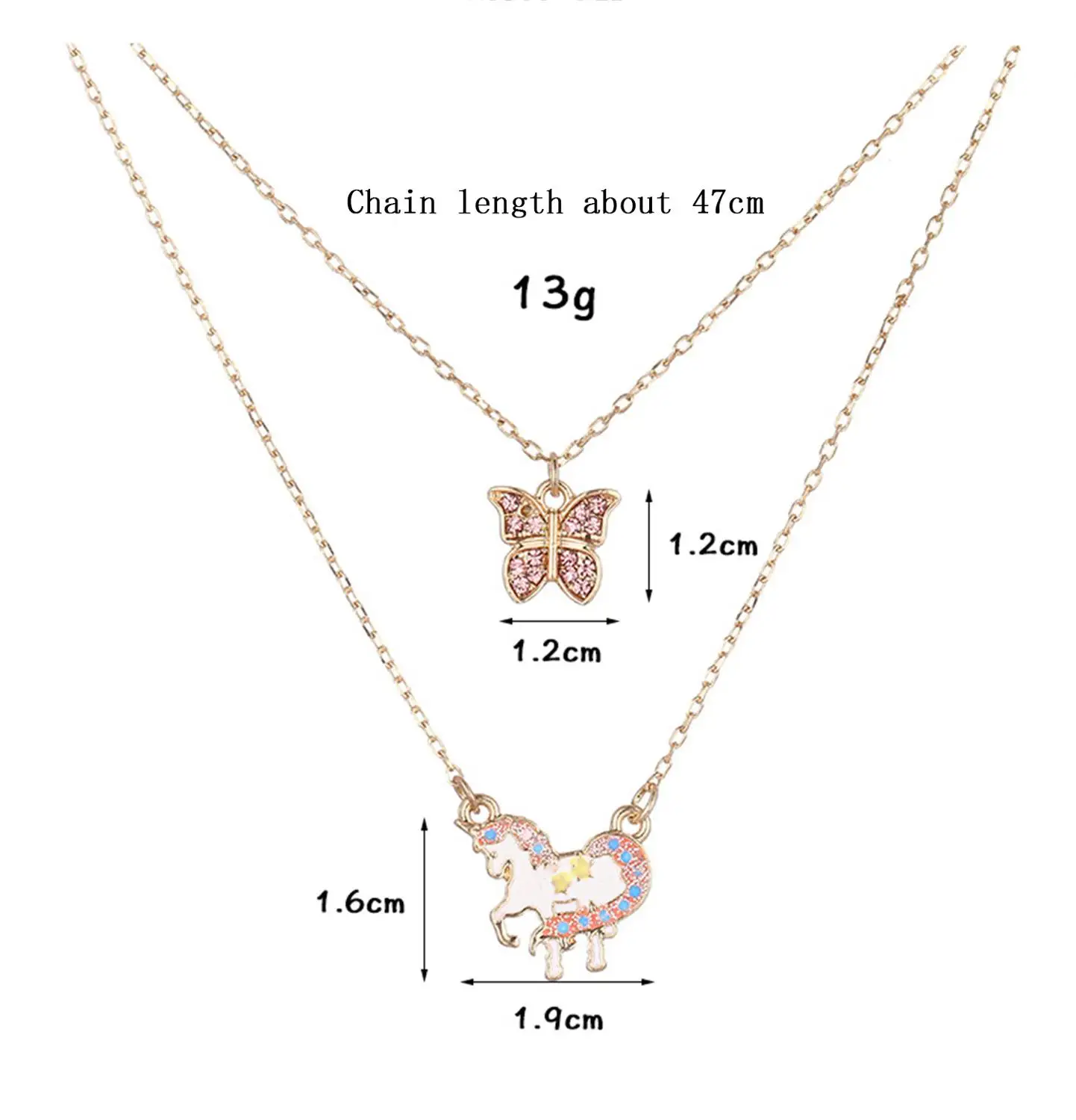 

2020 cartoon unicorn necklace butterfly necklace double pendant necklace fashion cute multi-layer girl necklace wholesale jewelr