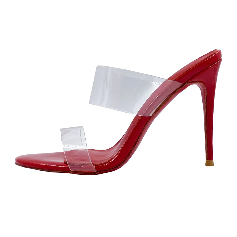 Over Size 34-45 Red Insoles Transparent PVC Strap Women High Heels Mules Sandals Shoes