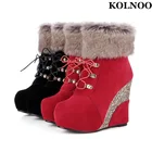 Женские Винтажные ботинки на танкетке Kolnoo, теплые короткие ботильоны ручной работы с искусственным мехом, 3 цвета, модная зимняя обувь