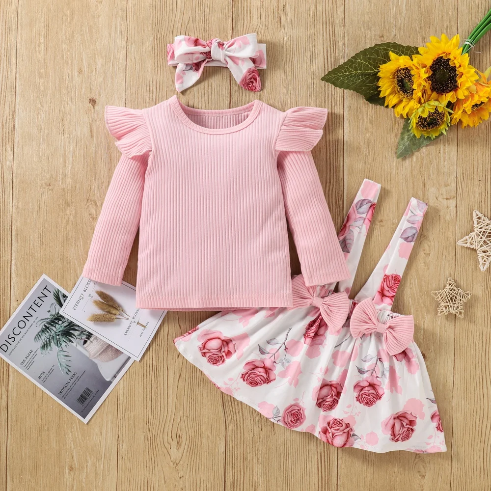 

3PCS Baby Girl Outfit Set Newborn Toddler Ruffle Flower Print Long Sleeve T-shirt Top +Bowknot Suspender Skirt +Headband 1-4Year