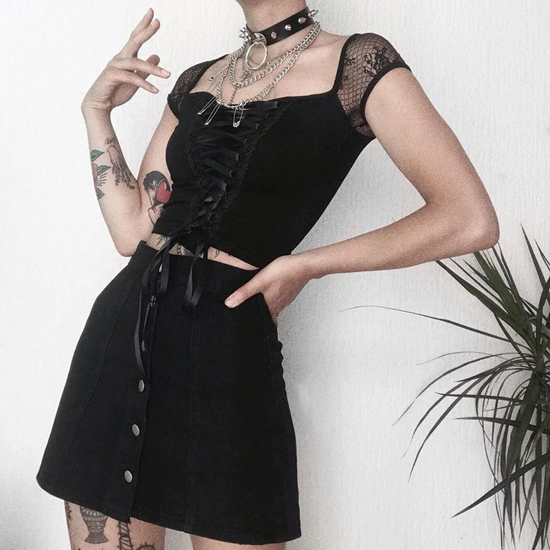 InsGoth Vintage Tops Goth T-shirt Women Bodycon Bandage Lace Black T-shirts Gothic Streetwear Sexy Female Top Casual Mesh Tee