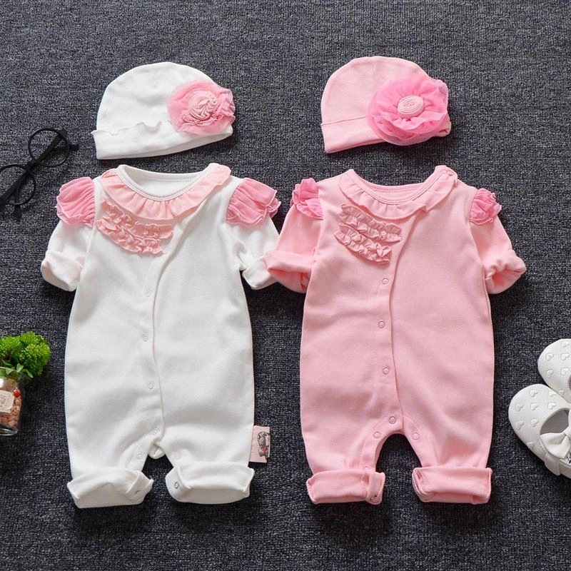 

Princess Newborn Baby Girl Rompers Lace Flowers Long Sleeve Girls Onesie Clothes Infant Jumpsuit +Hats