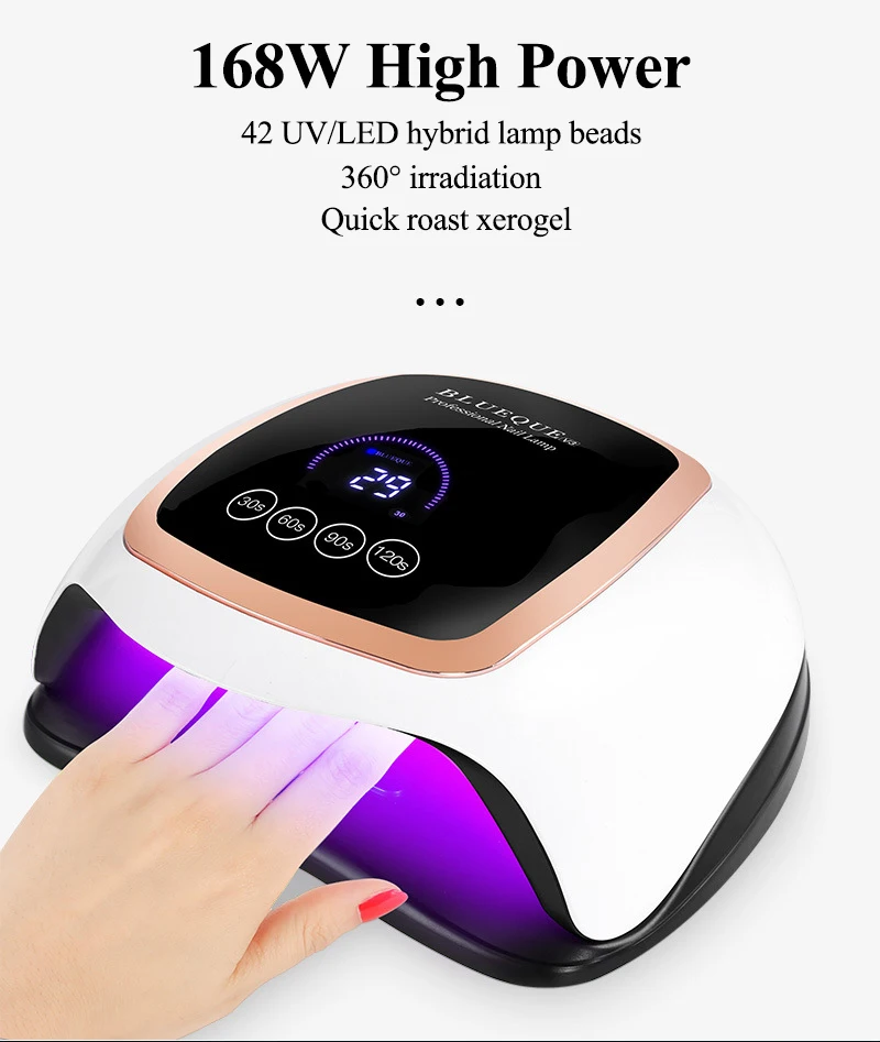 

BLUEQUE V1 168W UV LED Nail Lamp Professional Nail Dryer For Gel Polish Curing Lamp For Fingernail & Toenail Golden 4SPCS LED