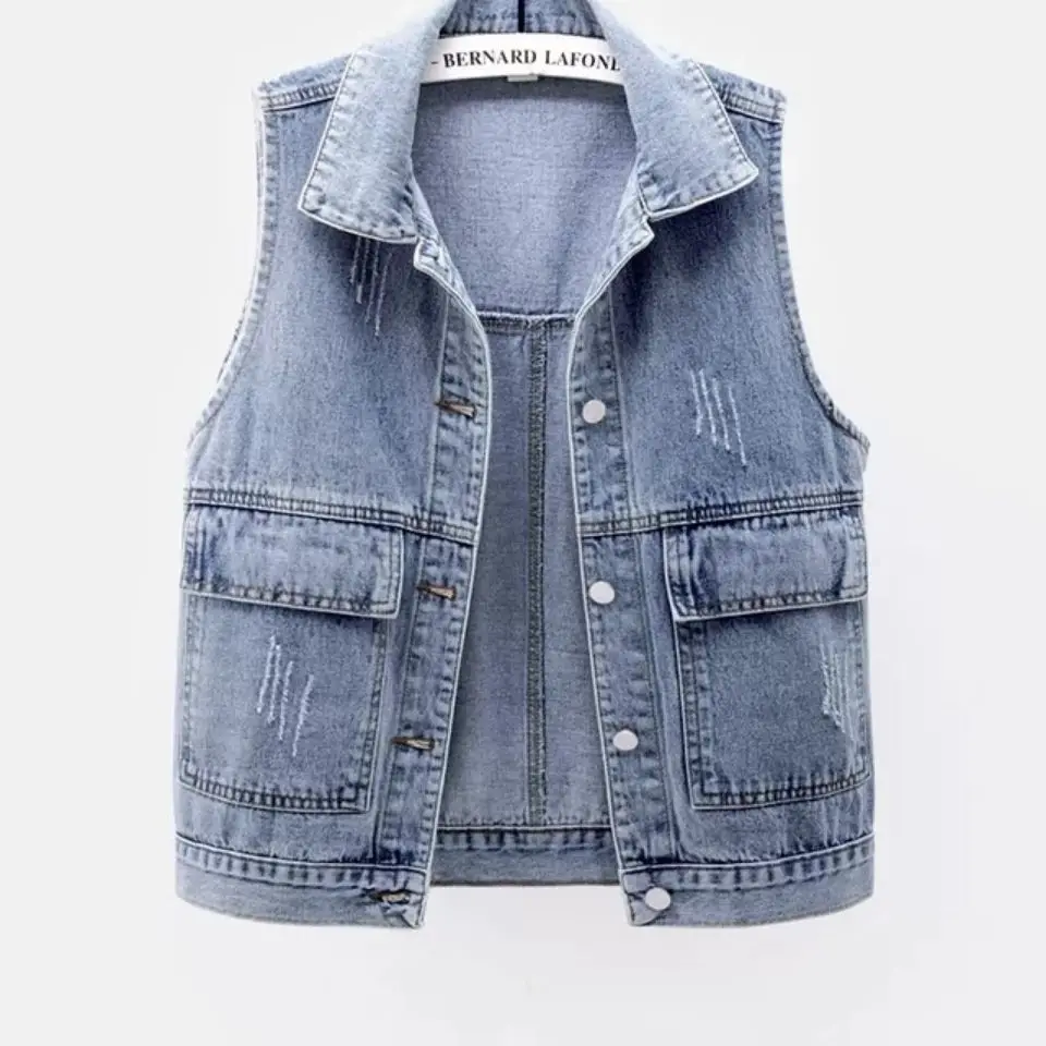 

Women's jeans Vest Jacket short spring and summer versatile with short big pocket Korean Cardigan Jacket Women