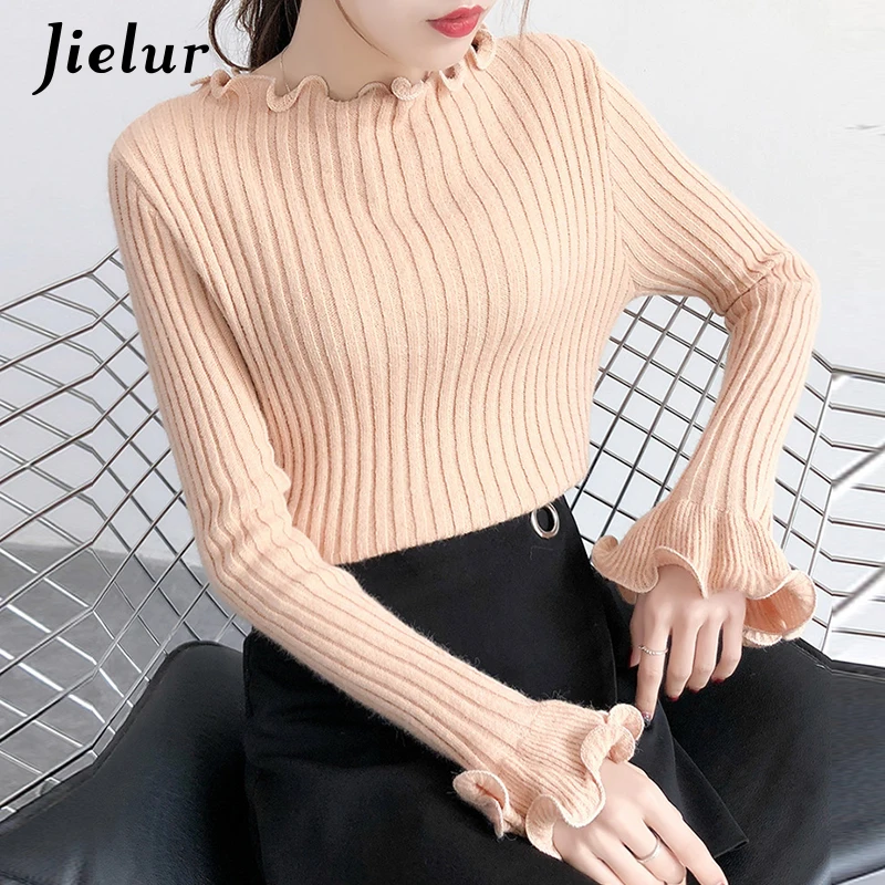 Свитер женский трикотажный с оборками и воротником длинным рукавом зимний S-XL |