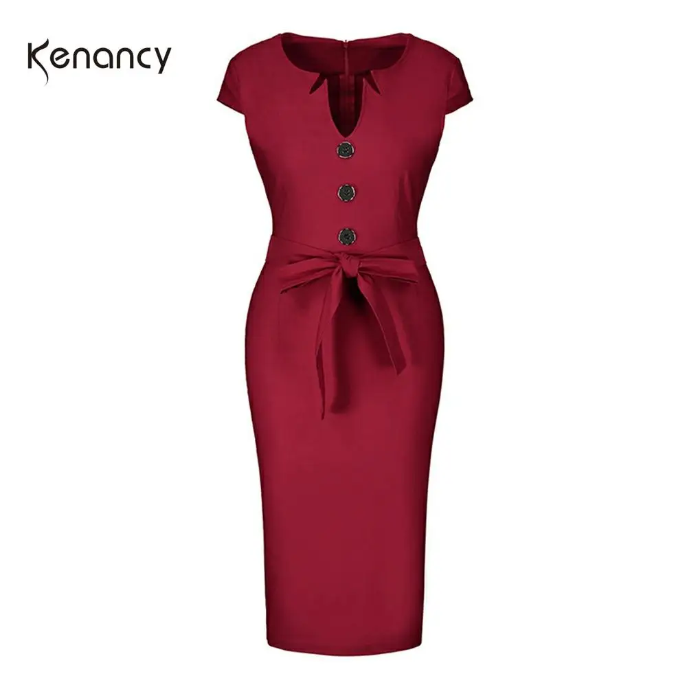 Kenancy Women Sexy Bodycon Dress Summer V Neck Sleeveless Lace-Up Pencil Button Solid Office Lady Work Dresses Vestidos | Женская одежда