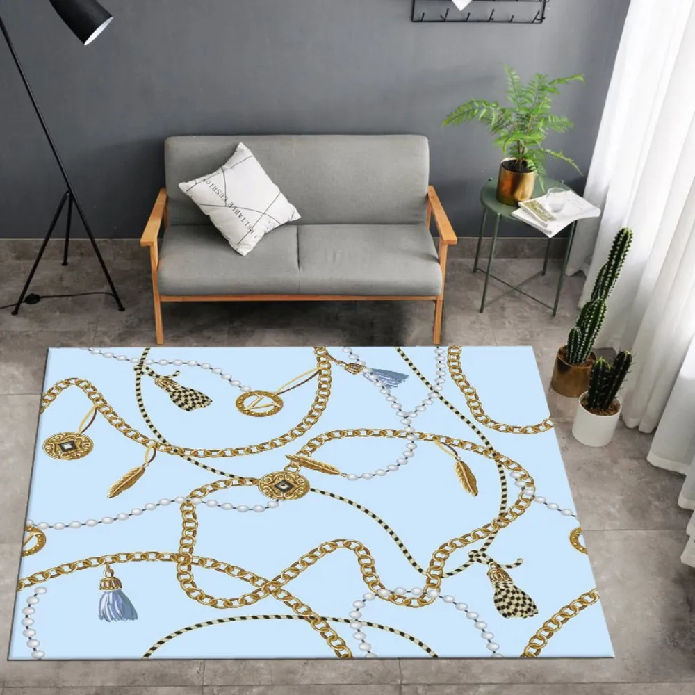 

Gold Chain Carpet 3D Print Blue Background Rug Retangle For Bedroom Floor Carpet Vintage Baroque Mat Home Decor Outdoor Carpet