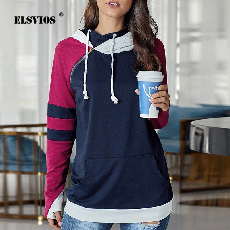 ELSVIOS 5XL Женская Лоскутная Толстовка с капюшоном на молнии сбоку осенне зимний