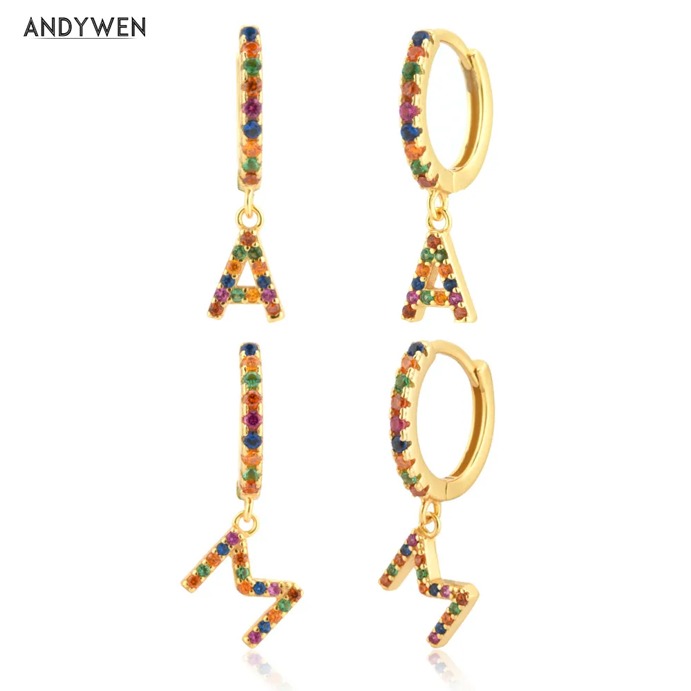 

ANDYWEN 925 пробы серебряные весенние радужные циркониевые буквы 26 подвесок серьги-подвески Оригинальные пирсинг клипсы