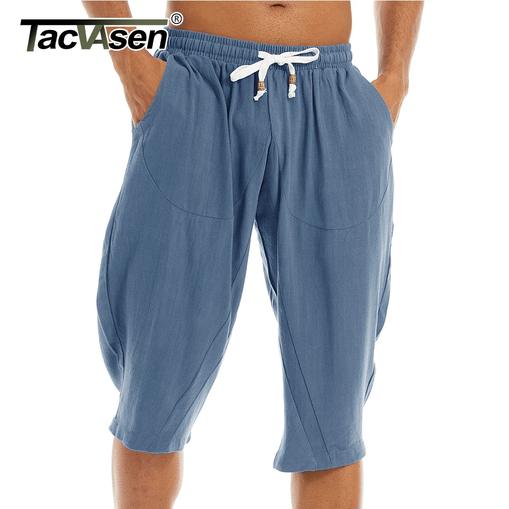 

TACVASEN Casual Linen Capri Long Shorts Loose Fit Men's Cotton Linen Harem Shorts Below Knee Baggy Capri Yoga Fitness 3/4 Pants